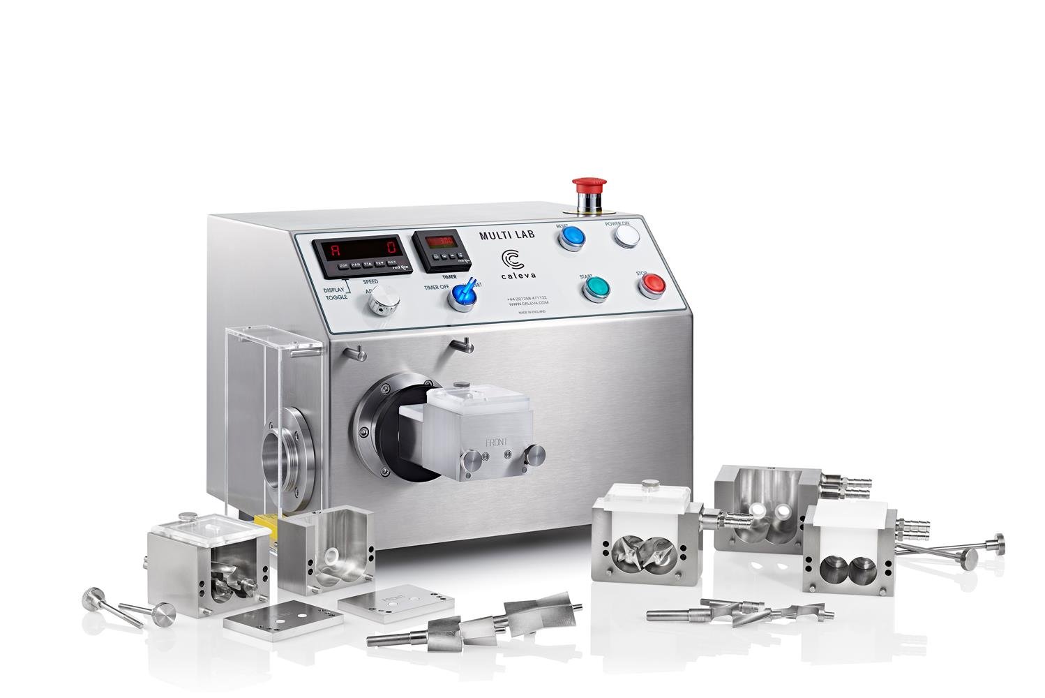 The Caleva mixer granulator blender with different mixing bowl sizes and blade configurations